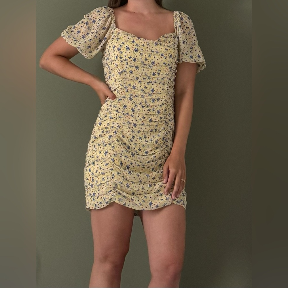 Yellow Puff Sleeve Floral Dress